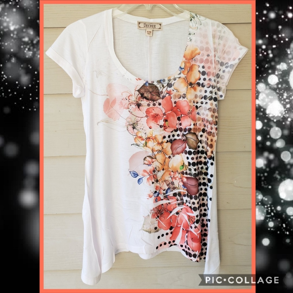Decree Eclectic Orange Floral Polka-dot Graphic Printed Shark-bite Tunic Top